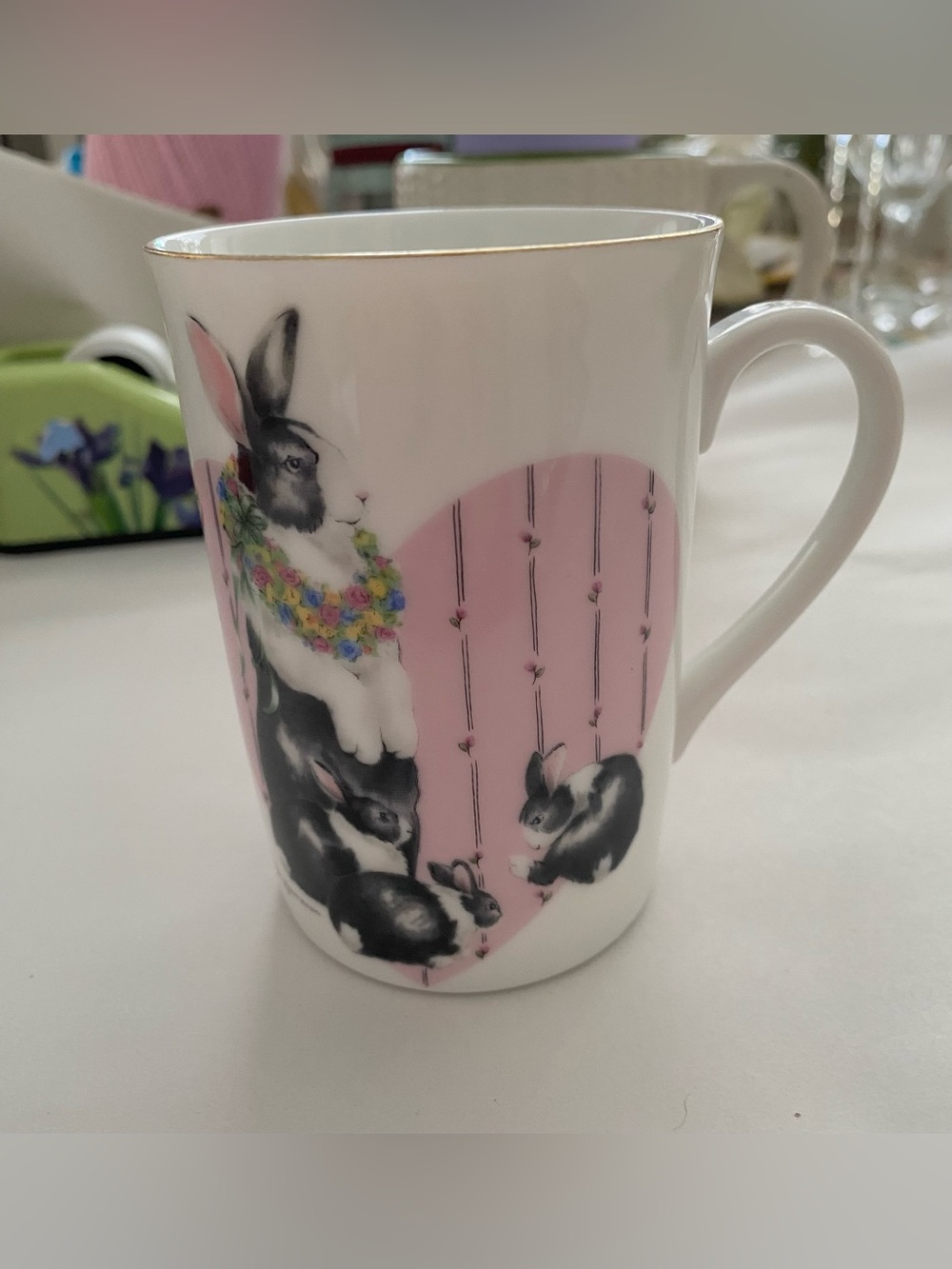 Vintage Otagiri Bunny & Baby Mug w/Pink Heart & Flowers. Signed Jan Jameson. EC